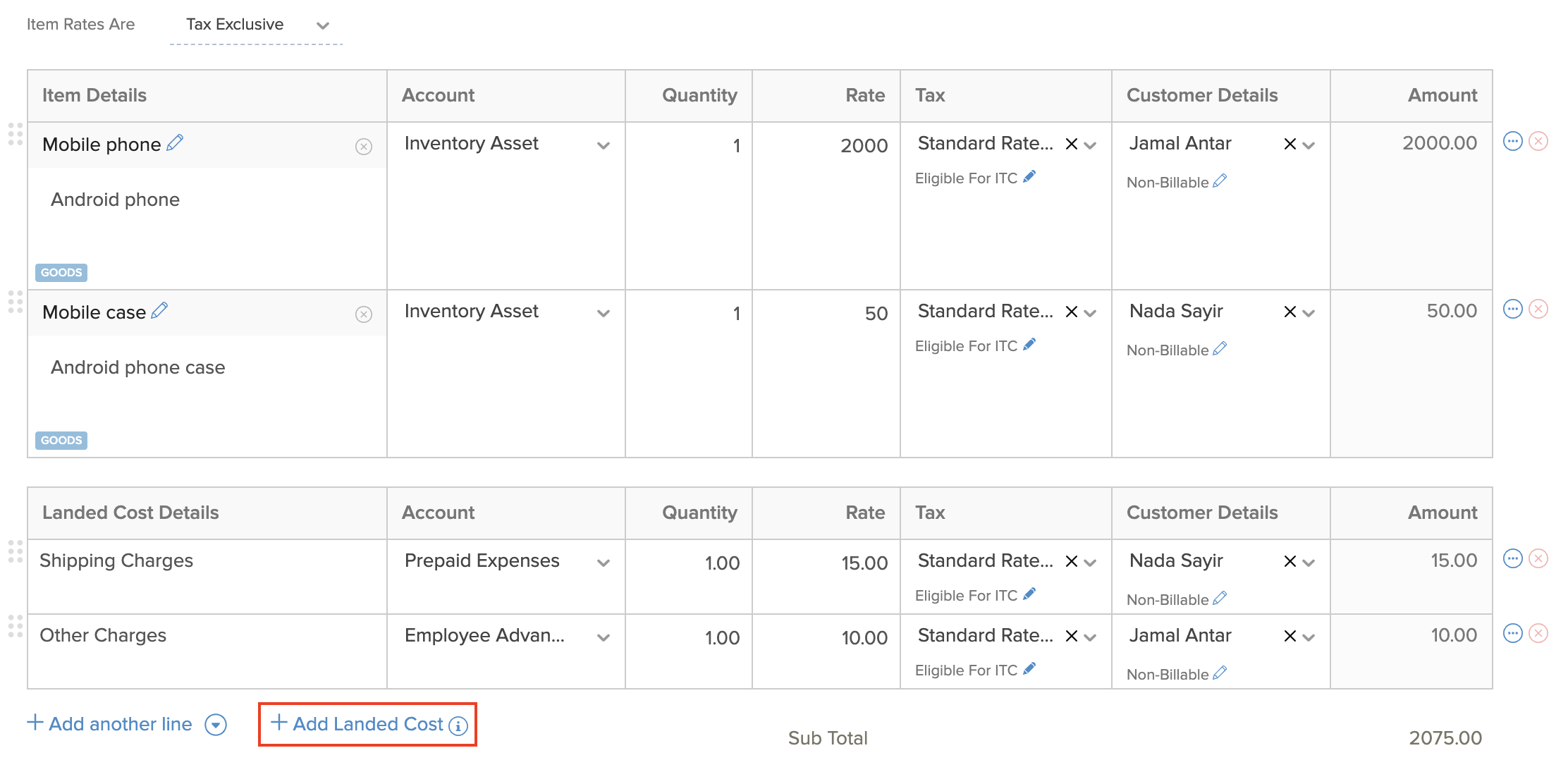 Landed Costs in Bills