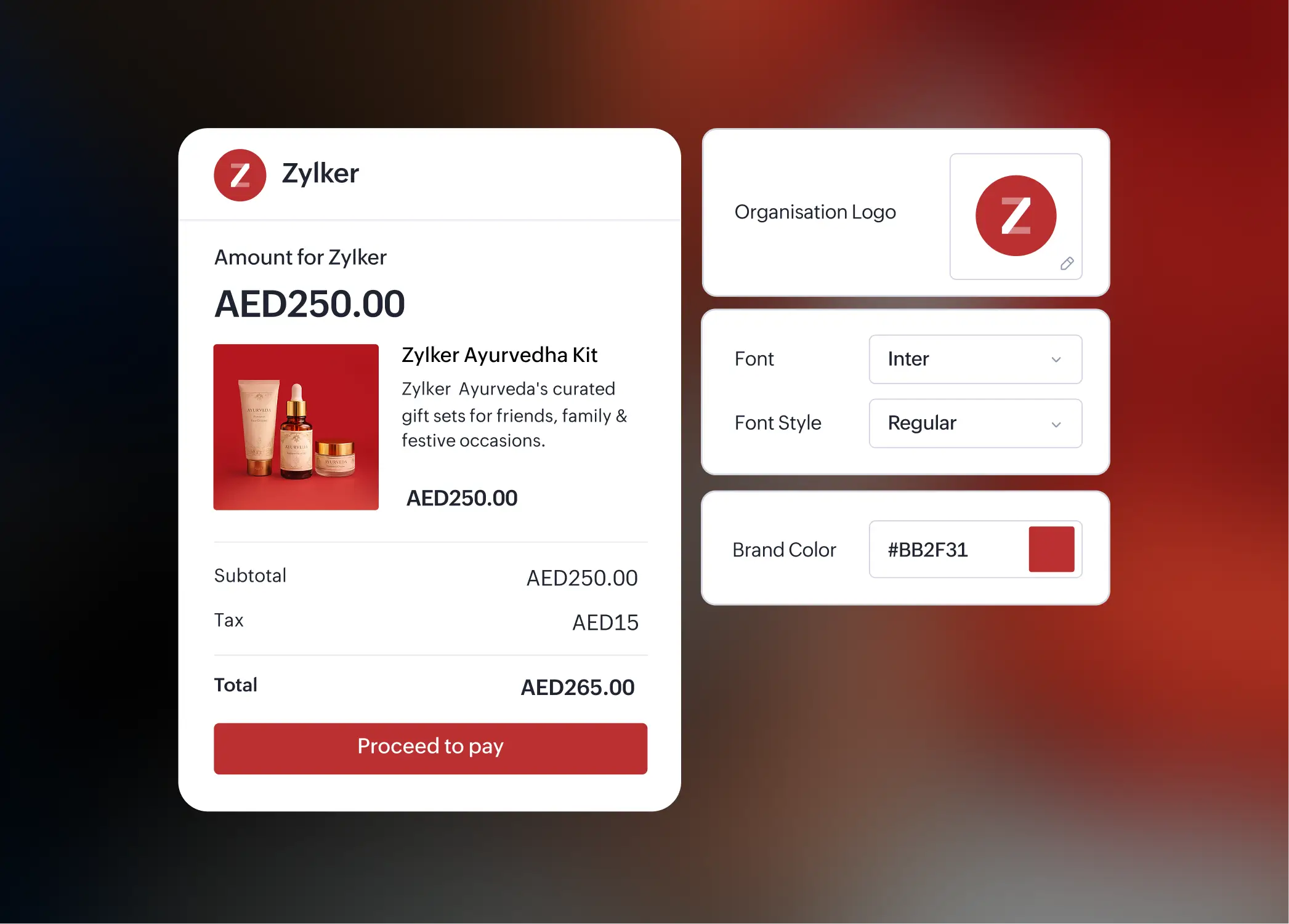 Zyker Foundation branded checkout page with customization options for fonts and colors