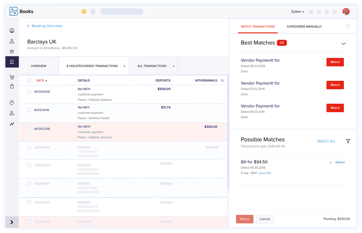 Bank Transaction Matching - Account Reconciliation Software | Zoho Books