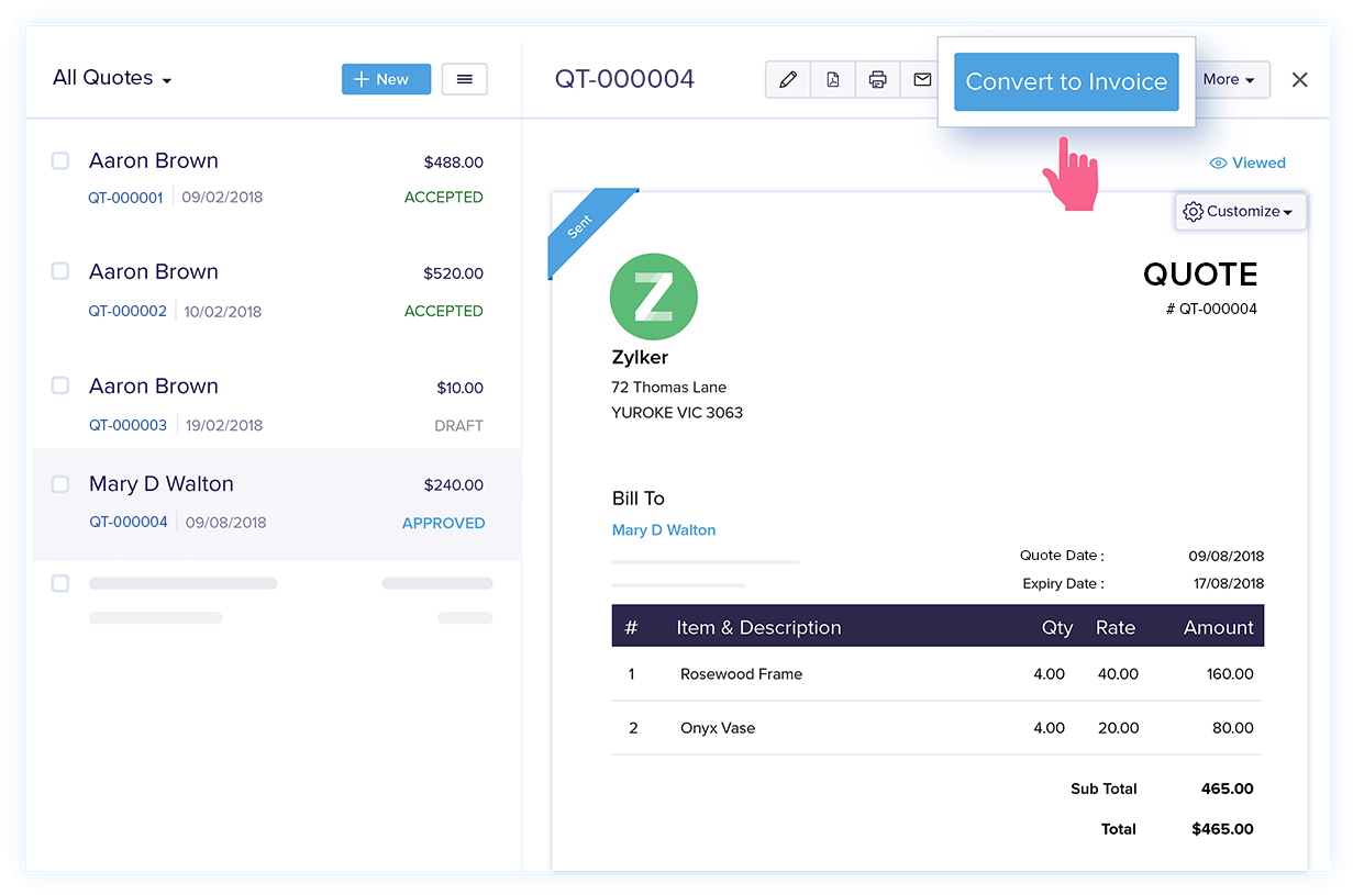 Convert Quotes to Invoices - Quote & Invoice Software for Small Business | Zoho Books