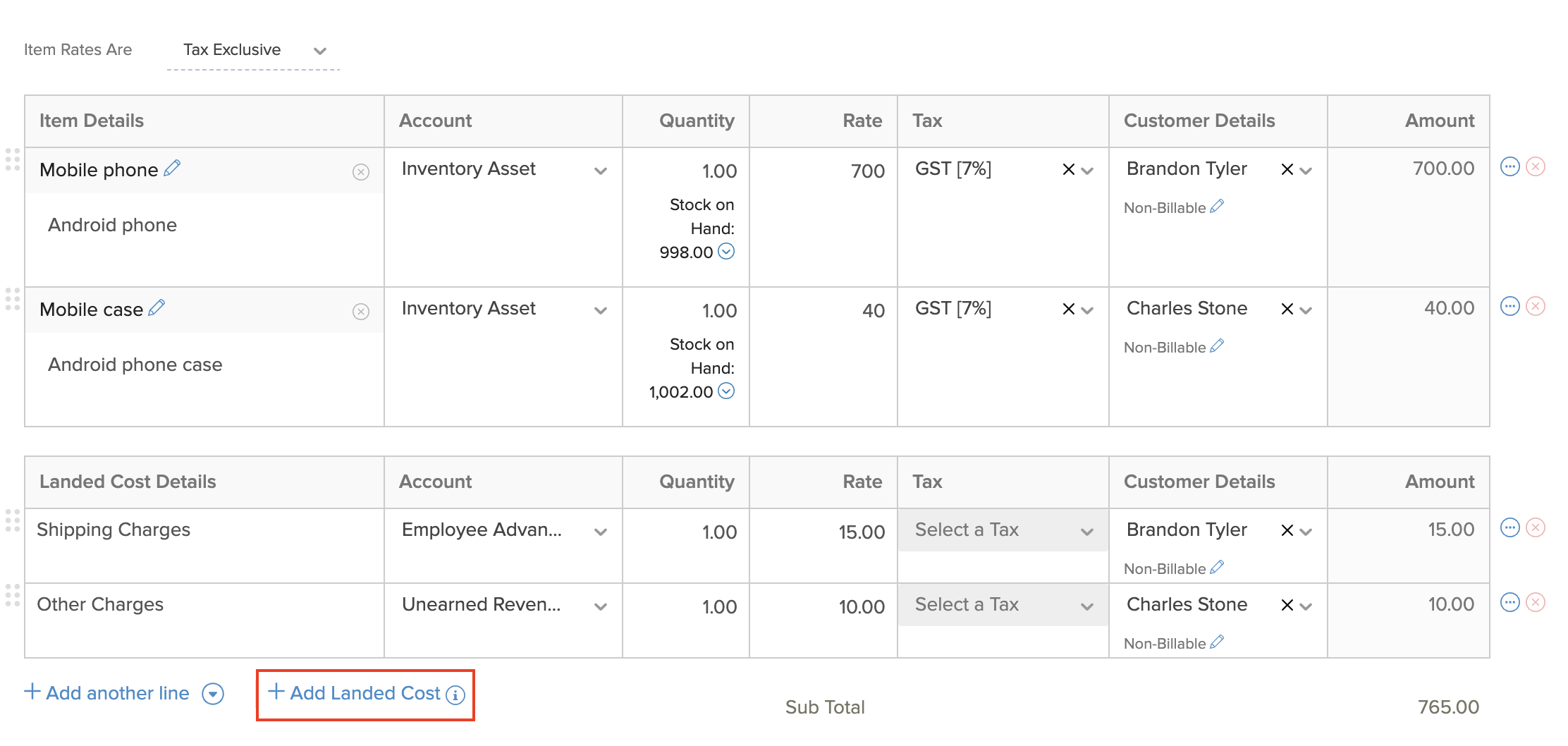 Landed Costs in Bills