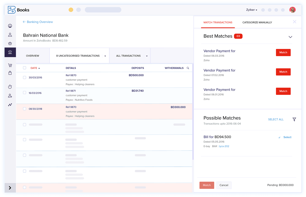 Bank Transaction Matching - Account Reconciliation Software | Zoho Books