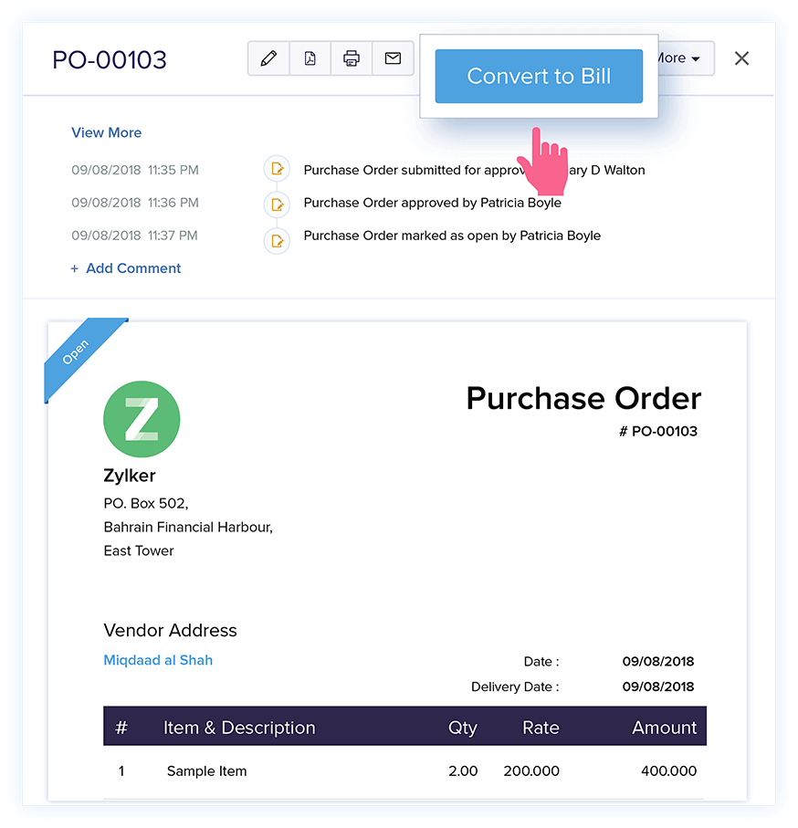 Convert Purchase Orders to Bills - Purchase Order Software | Zoho Books