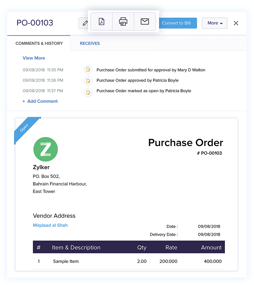 Share Purchase Orders - Best Purchase Order Software | Zoho Books