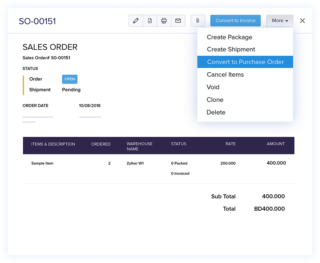 Convert Order to Purchase Order - Online Sales Order Management Software | Zoho Books