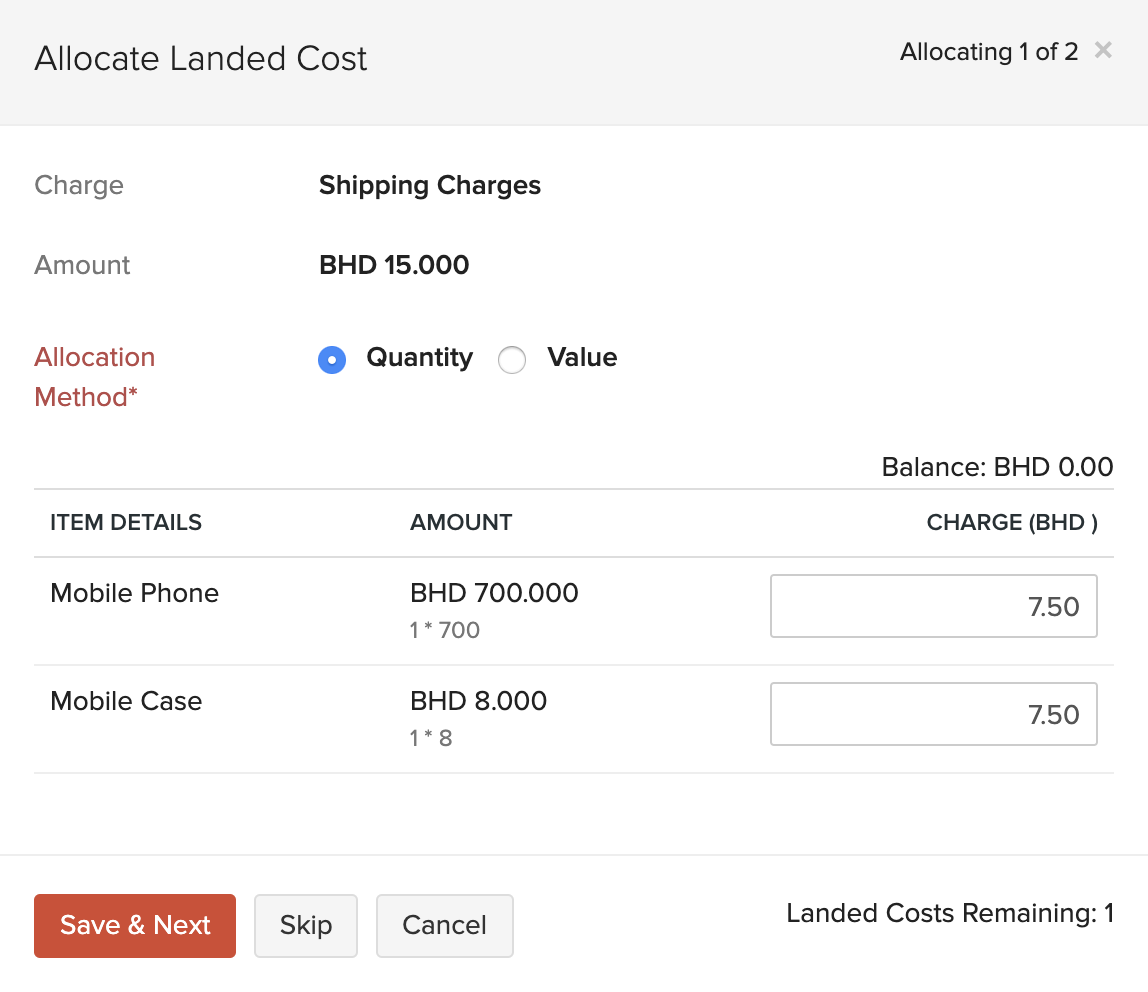 Landed Costs in Bills