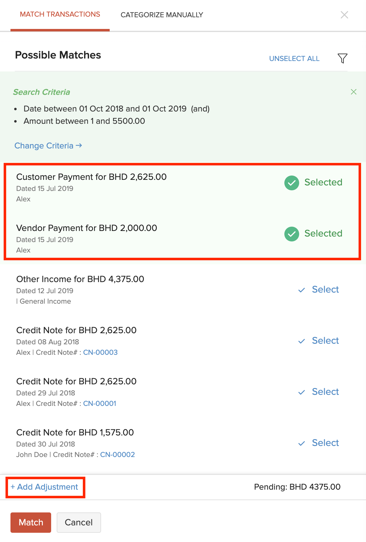 Matched Transactions