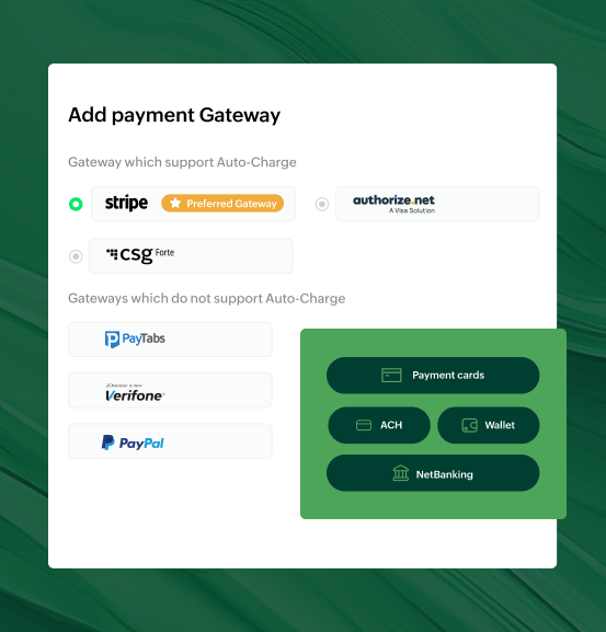 Integrate with multiple payment gateways to facilitate convenient payment collection | Zoho Billing