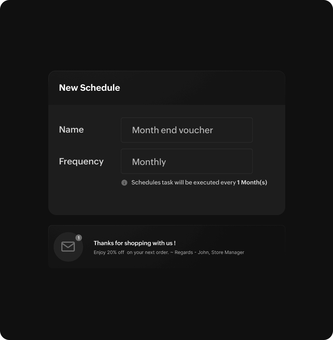 Sample Deluge code for a custom function alongside an automated email scheduled to send a month-end discount based on purchase history.