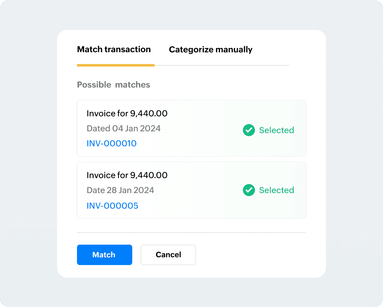User matches a bulk payment. Image shows multiple invoice payments selected for a single bank transaction.