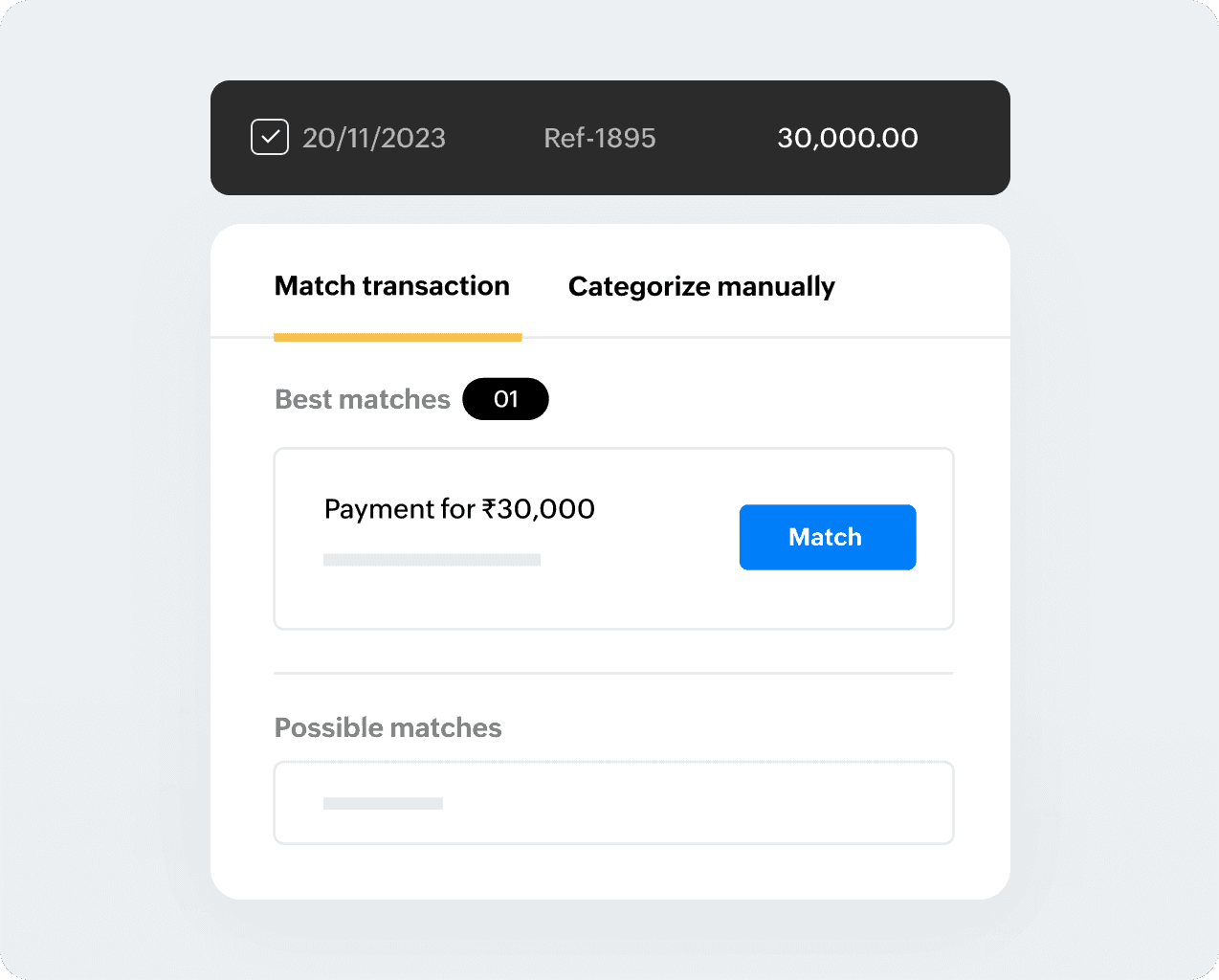 Reconciliation process shows a best match in the system with 'Match' button for a selected bank statement entry.