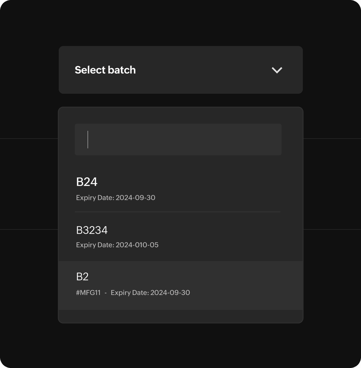Batch selection showing multiple batches with serial numbers and expiry dates.