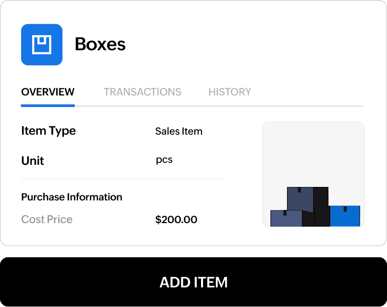 Item module shows details of an inventory stock named 'boxes'.