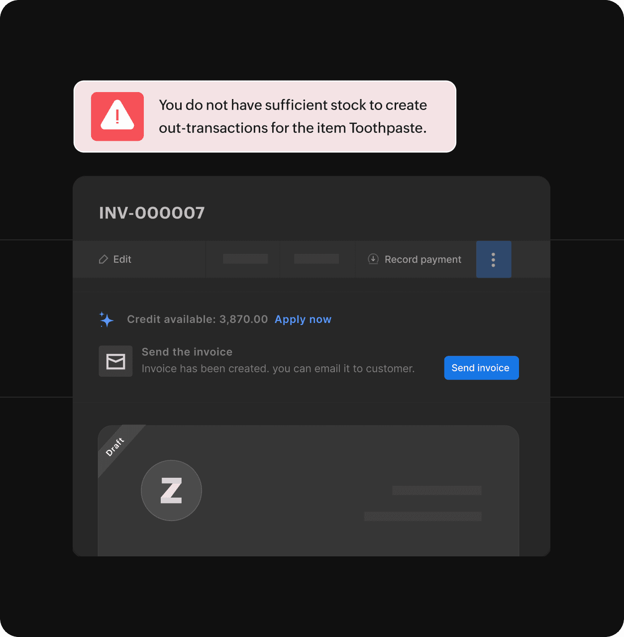 System notification warning shows item unavailability during invoice creation.