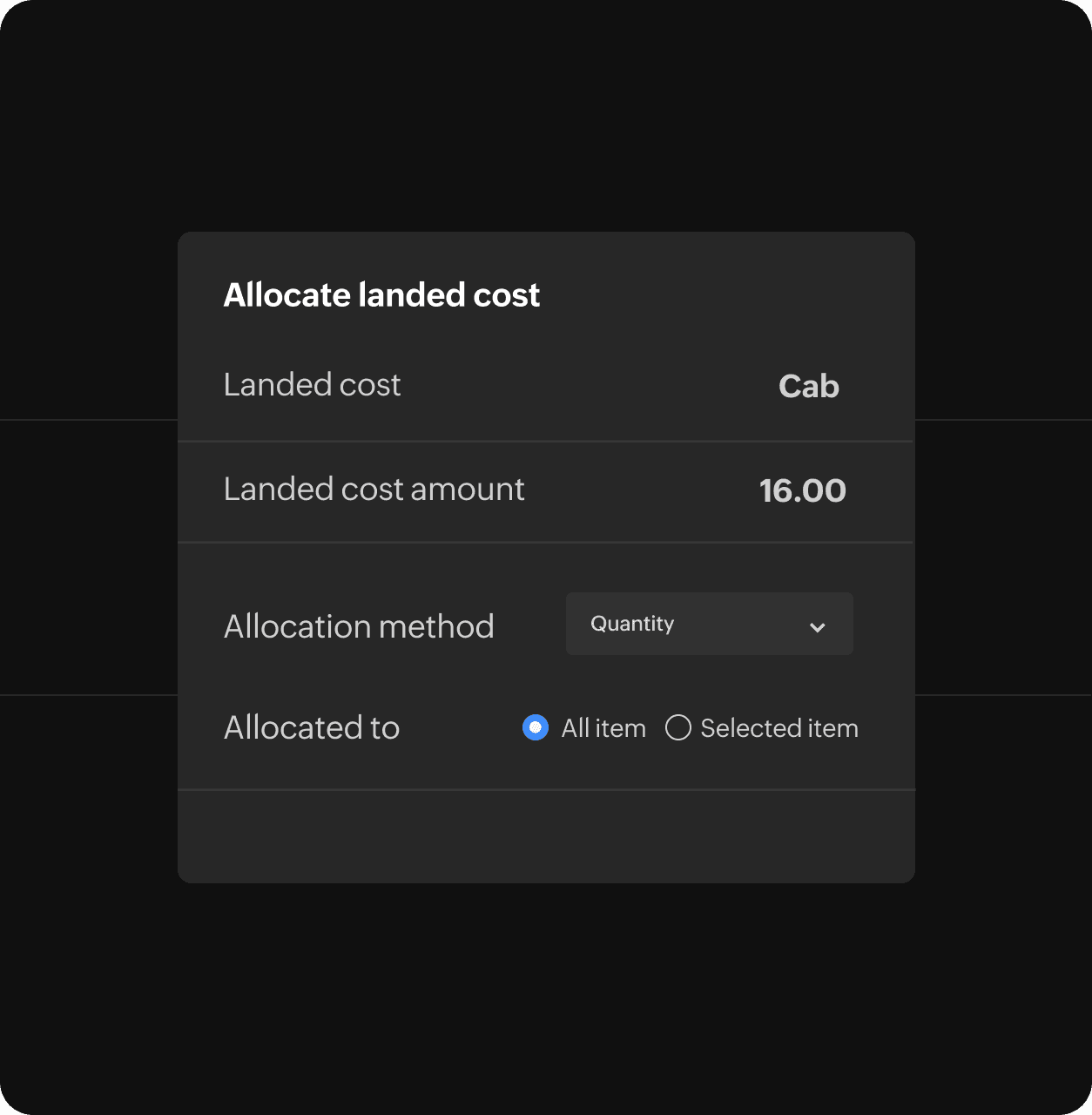 Cab fare added as a landed cost in the module, with options to allocate it across all items or selected items.