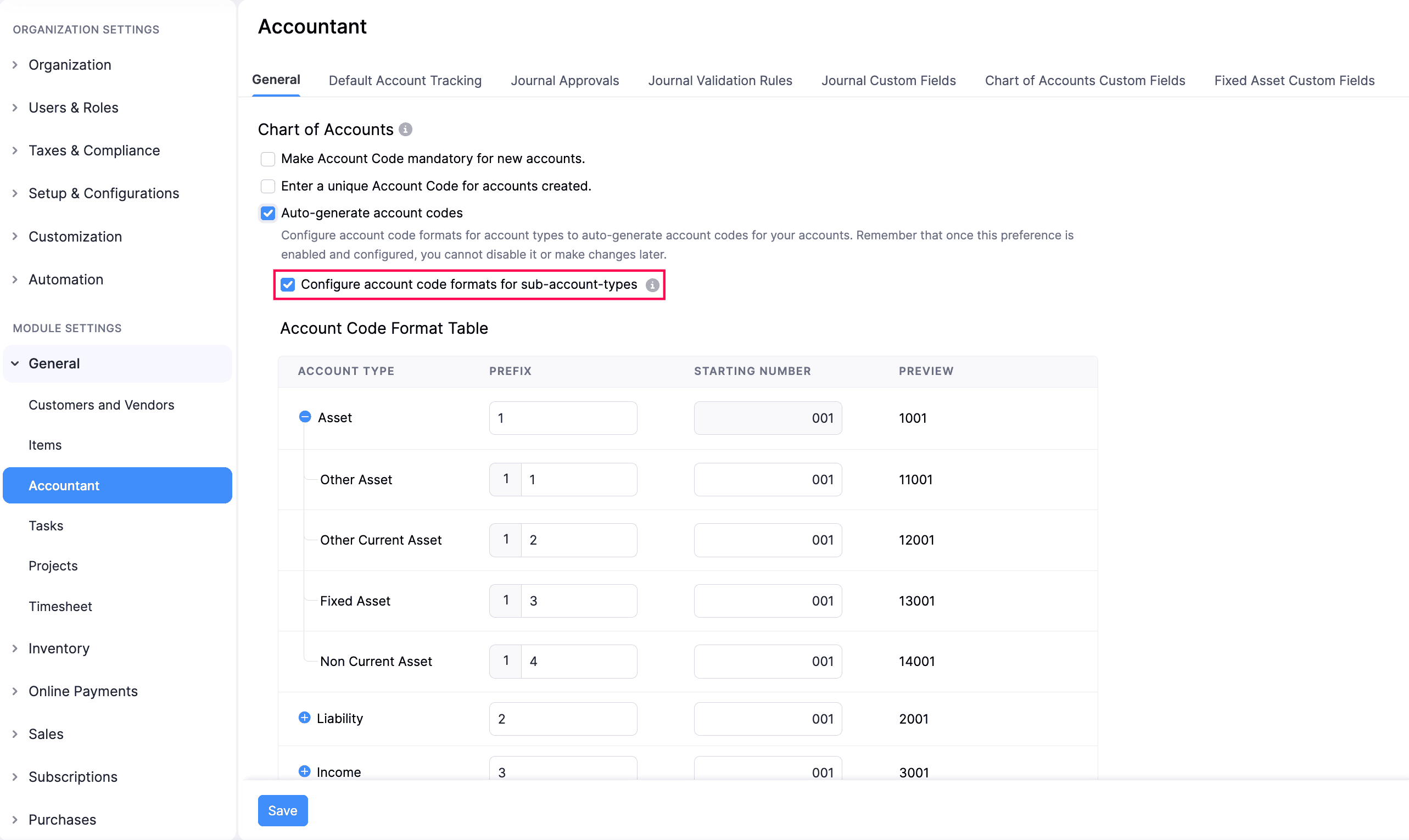 Account Code Format Table