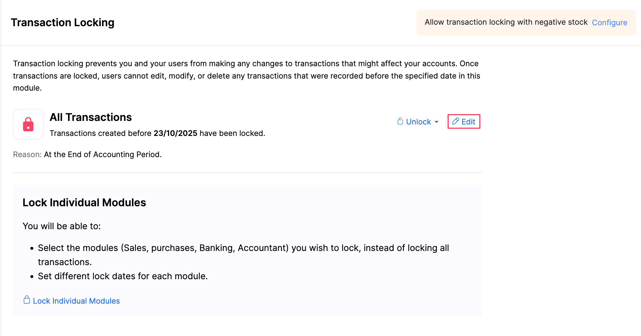 Edit Transaction Locking Details