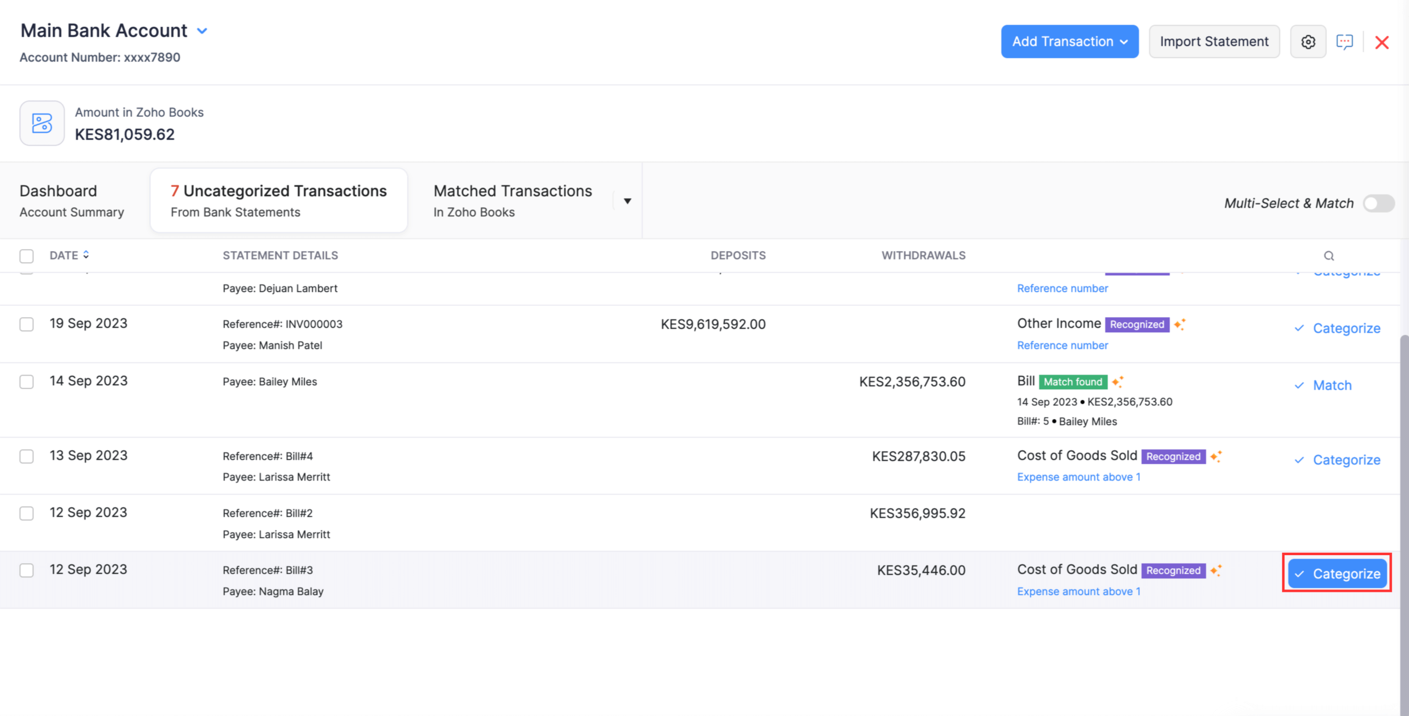 Click Categorize next to the uncategorized transaction