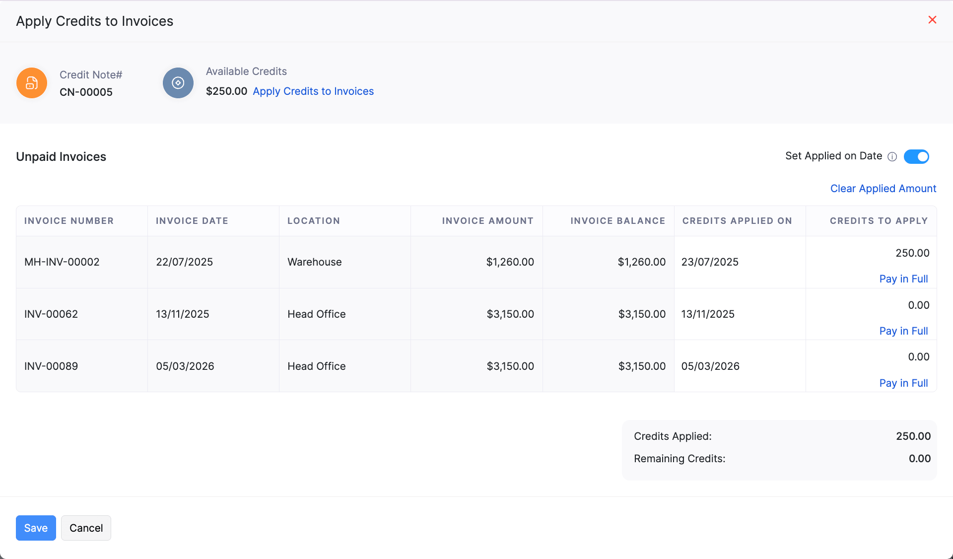 Credits to Apply field in the Apply Credits to Invoices pop-up