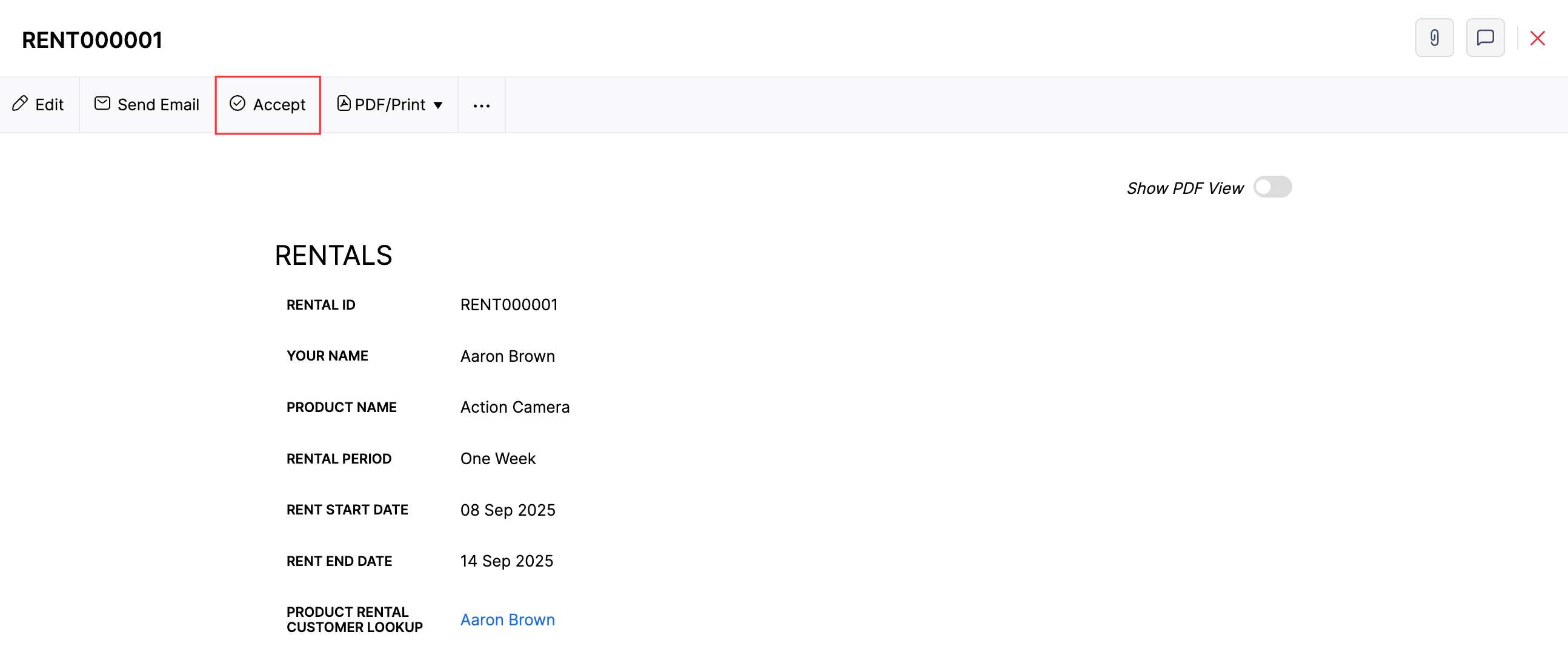 The Details page of a record submitted by your customers or vendors. Click Approve at the top to add the record to the custom module.