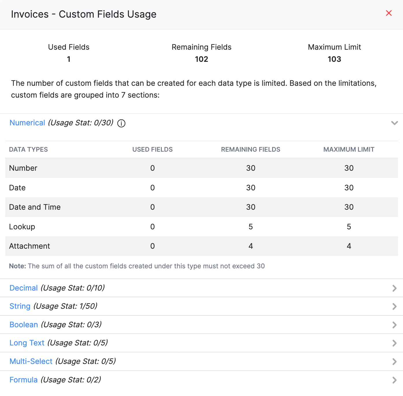 The Custom Fields Usage pop-up of a module. The number of custom fields available for use, split per section, will be available here.