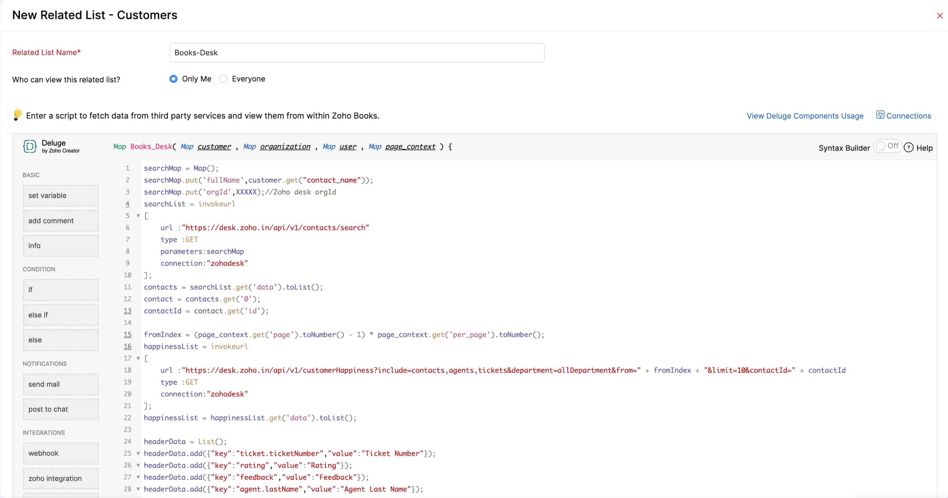 The New Related List page. Provide the required details and enter the Deluge script for the related list.