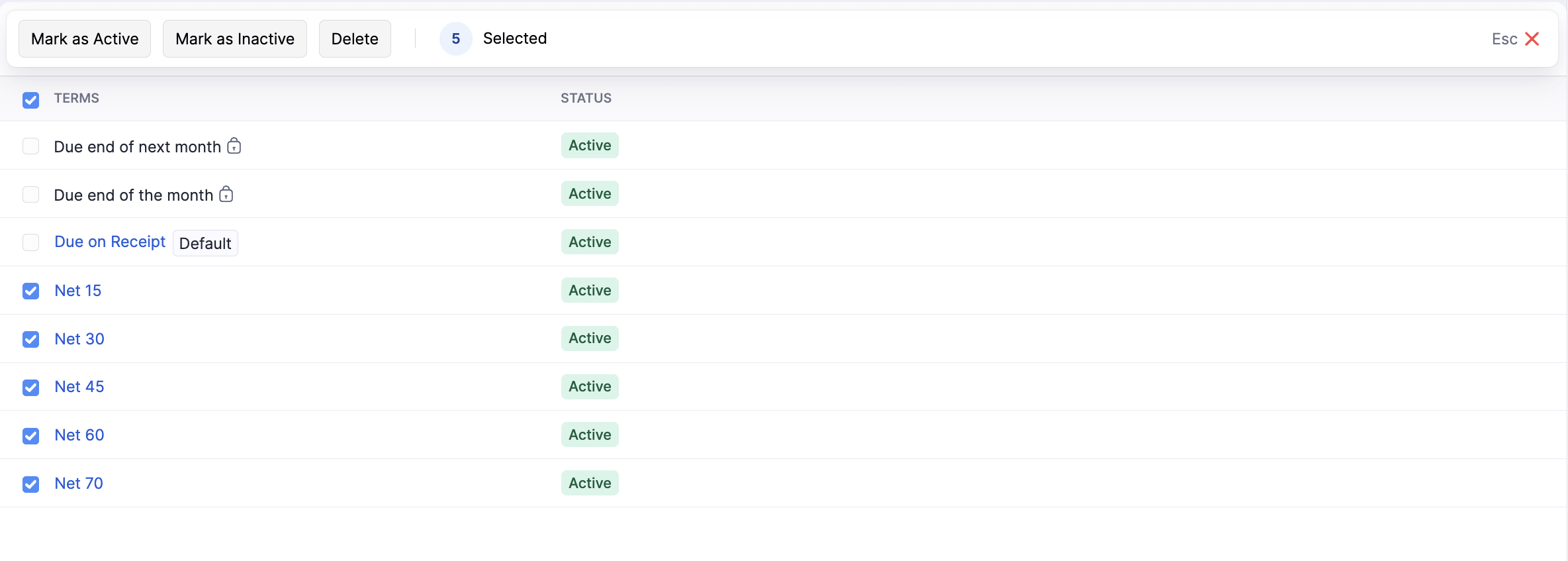 Bulk Actions for Payment Terms