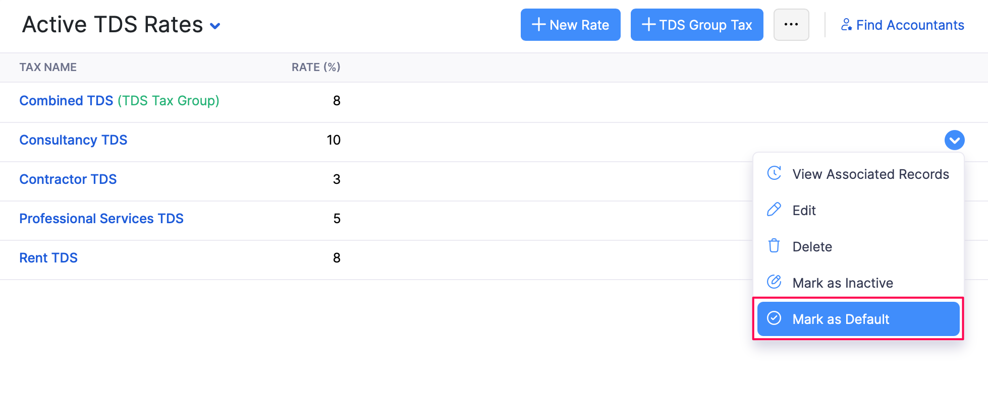 Mark a TDS Rate As Default
