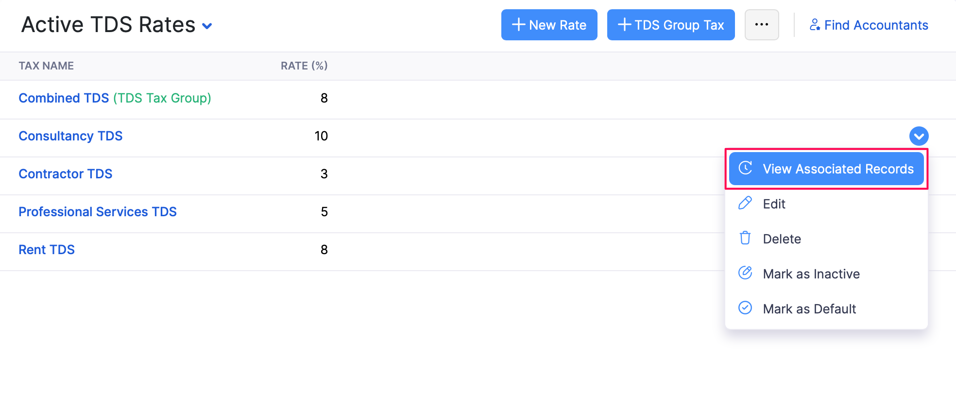 View Associated Records of a TDS Rate