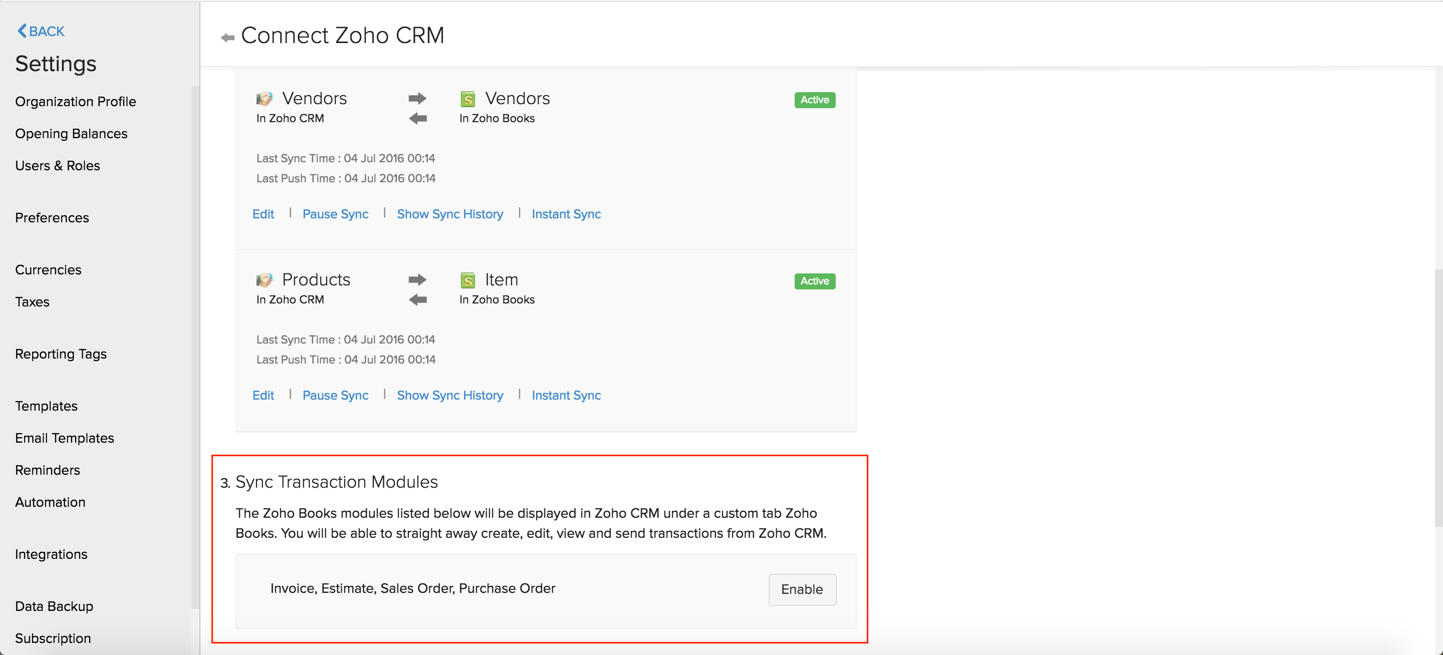 Zoho Books module in CRM