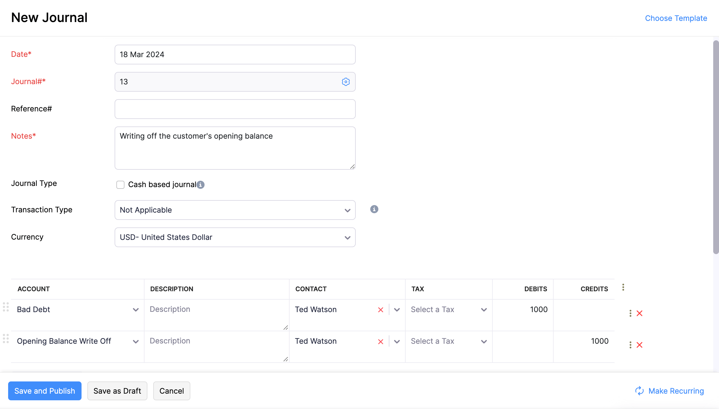 Create a manual journal for opening balance write off