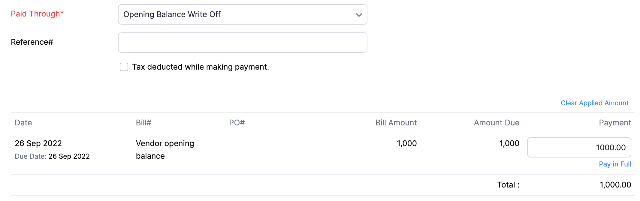 Record payment for the vendor's opening balance write-off