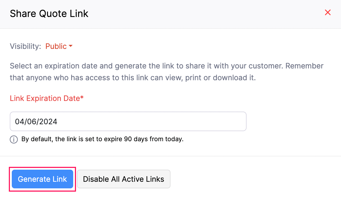 Link Expiration Date Field and General Public Link Button for Quotes in Zoho Books
