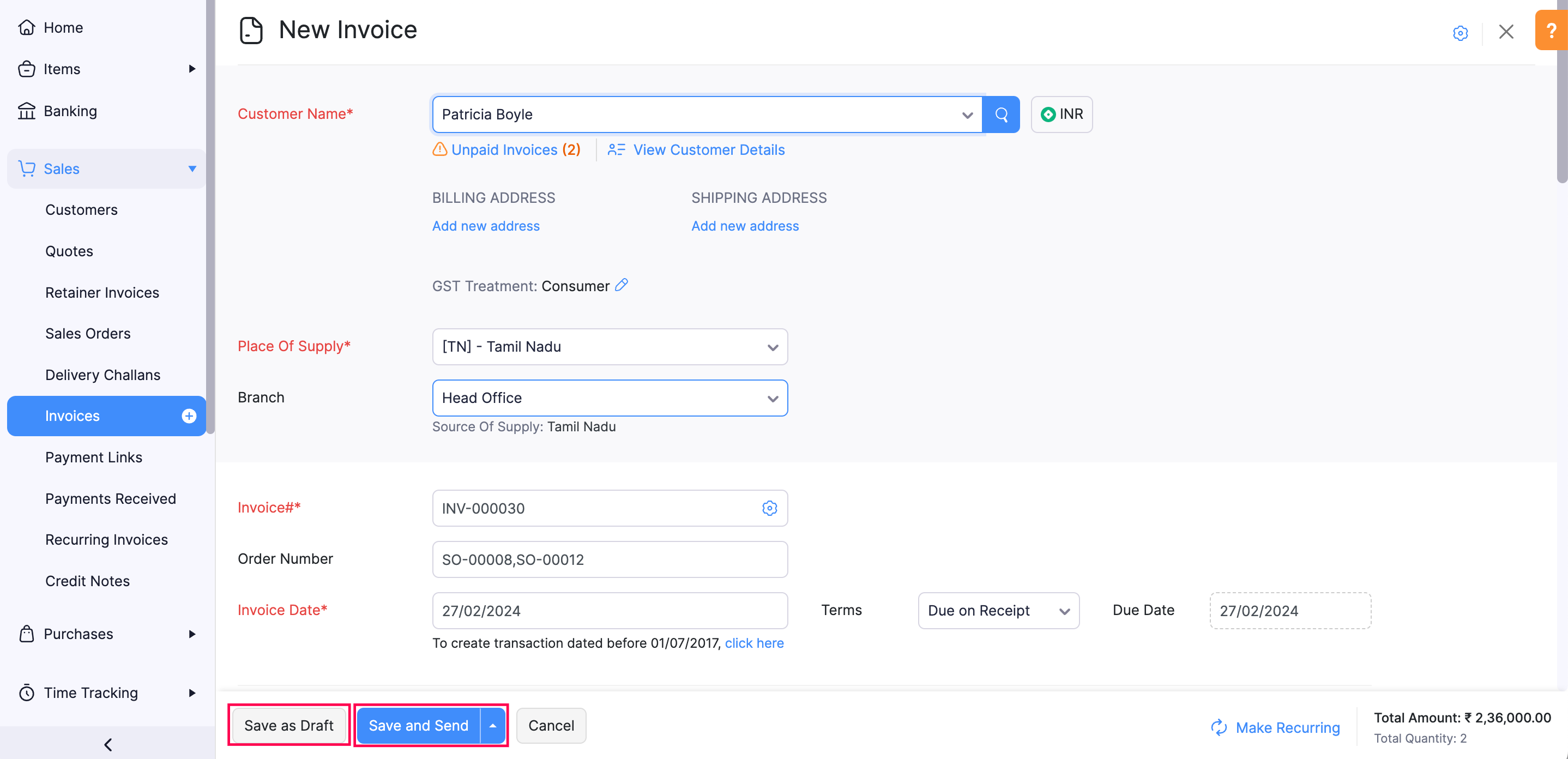 Options to save the invoice created by bulk-converting multiple invoices in Zoho Books