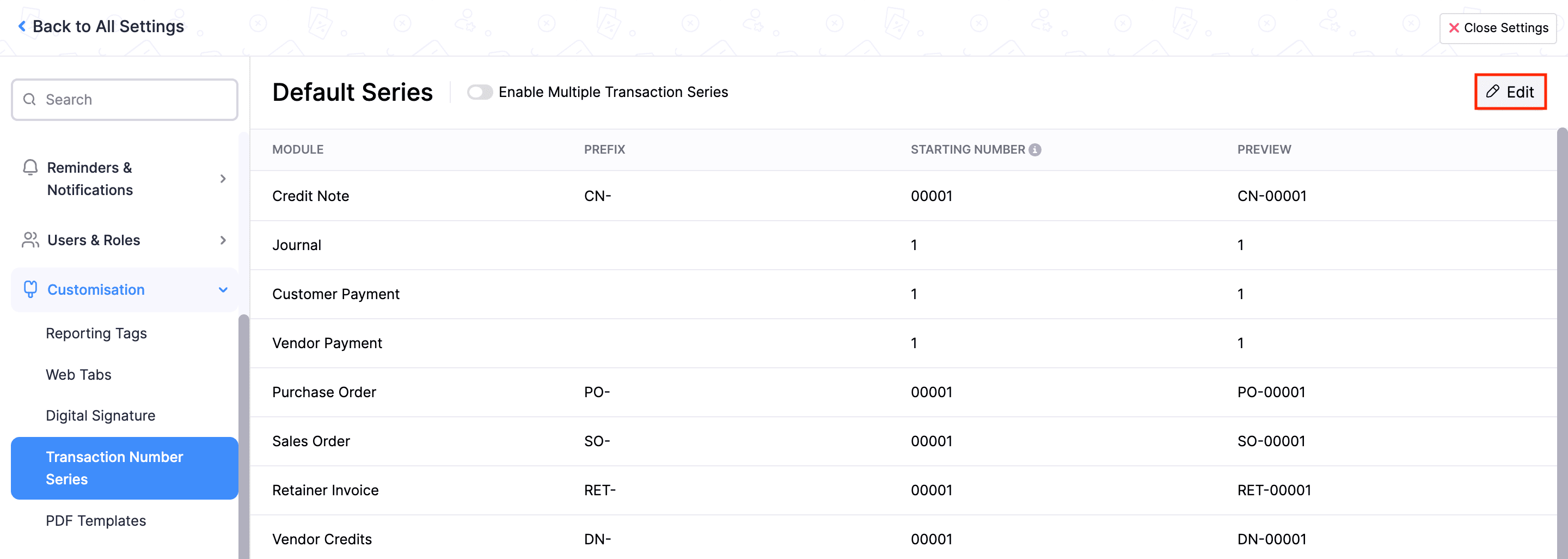 Edit Transaction Number Series