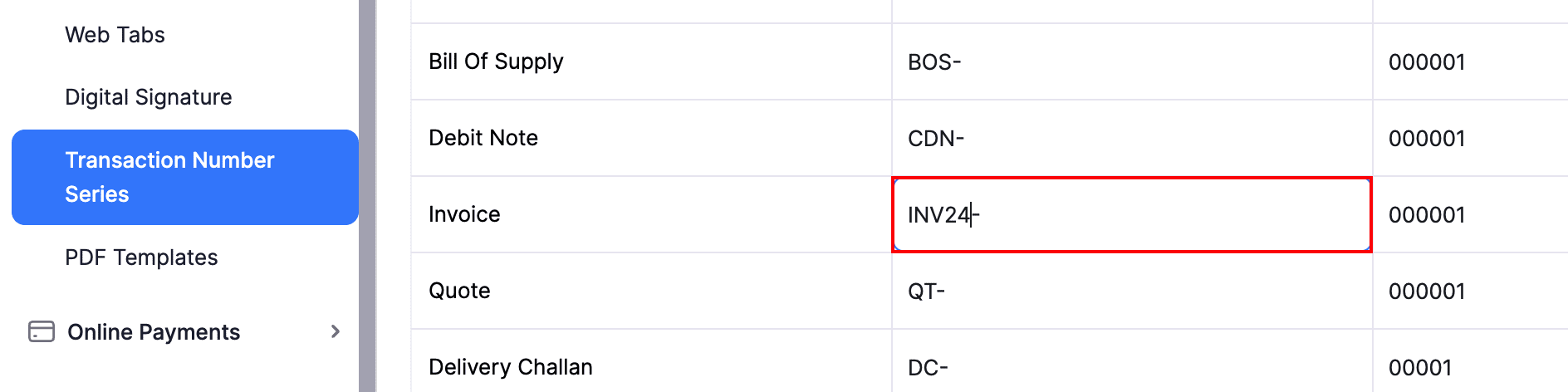 Edit Transaction Number Series