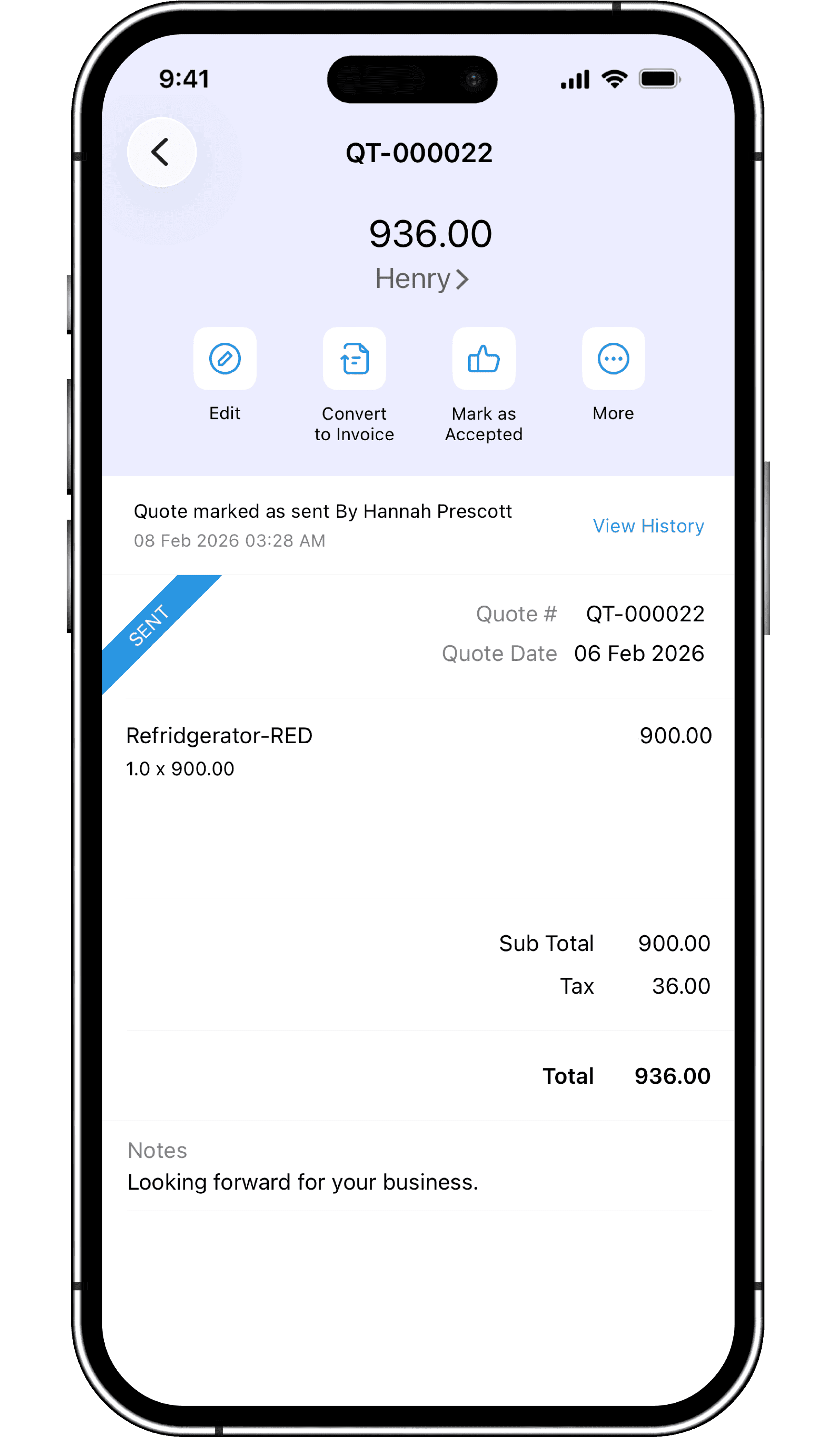 Receivables dashboard with a quote