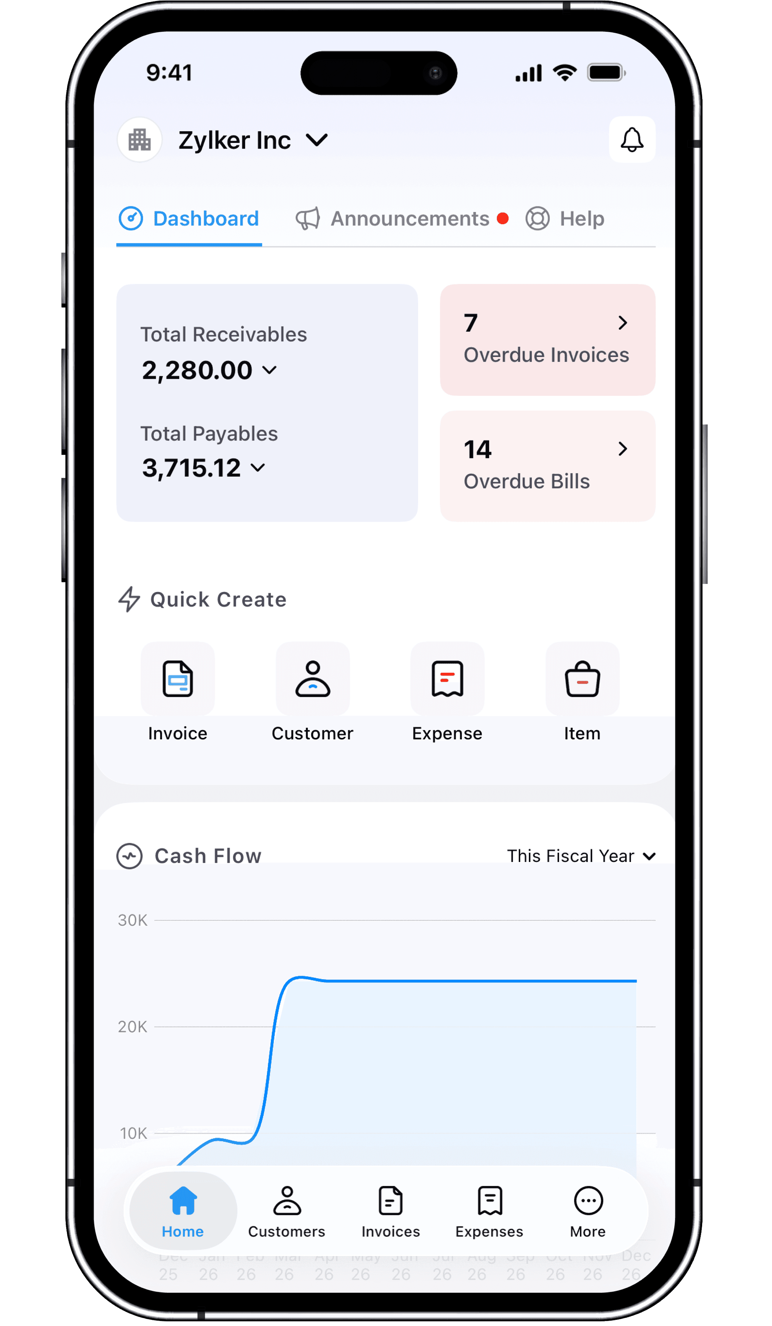 Zoho Books dashboard with financial insights