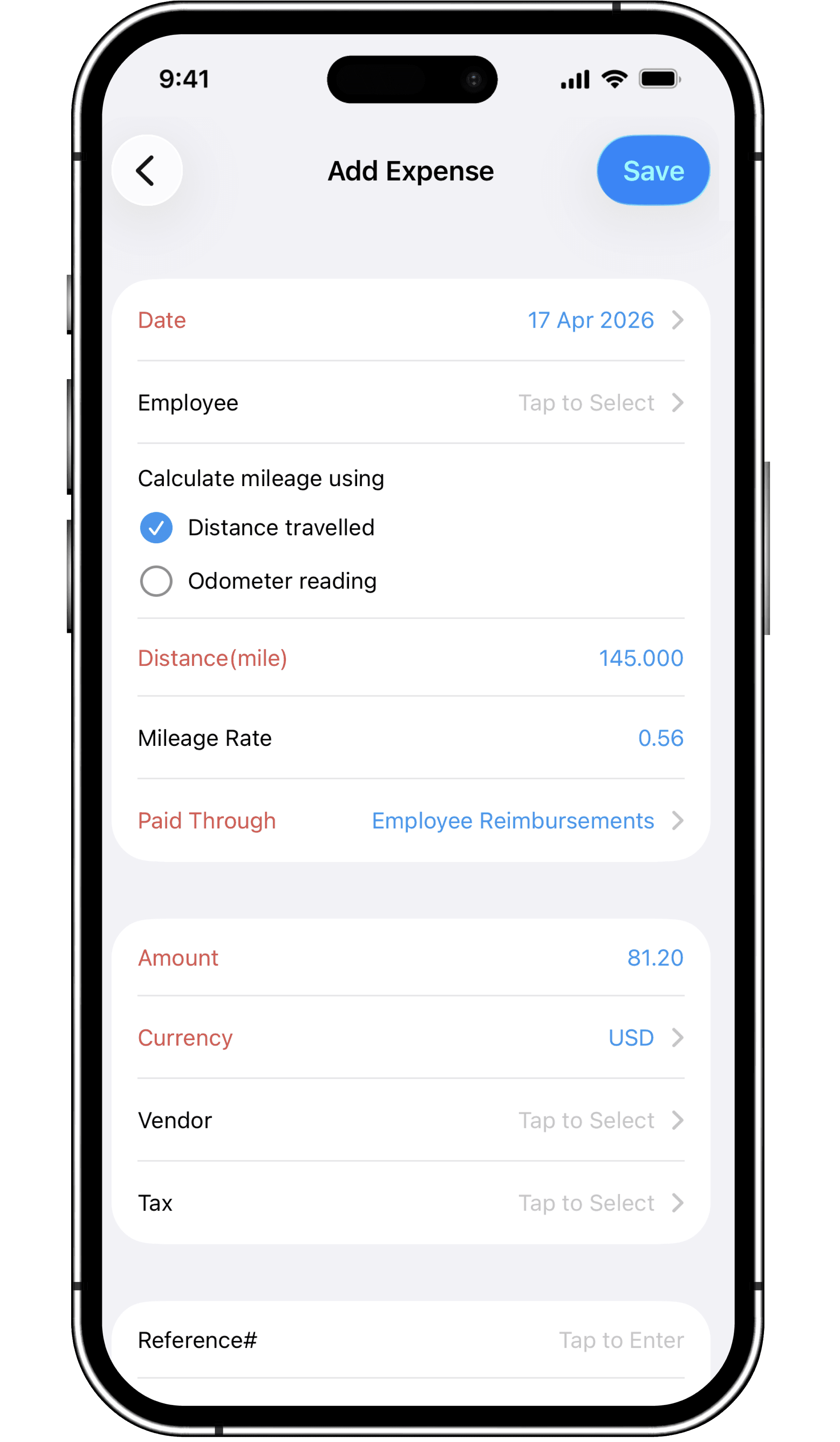 Expense addition screen of Zoho Books