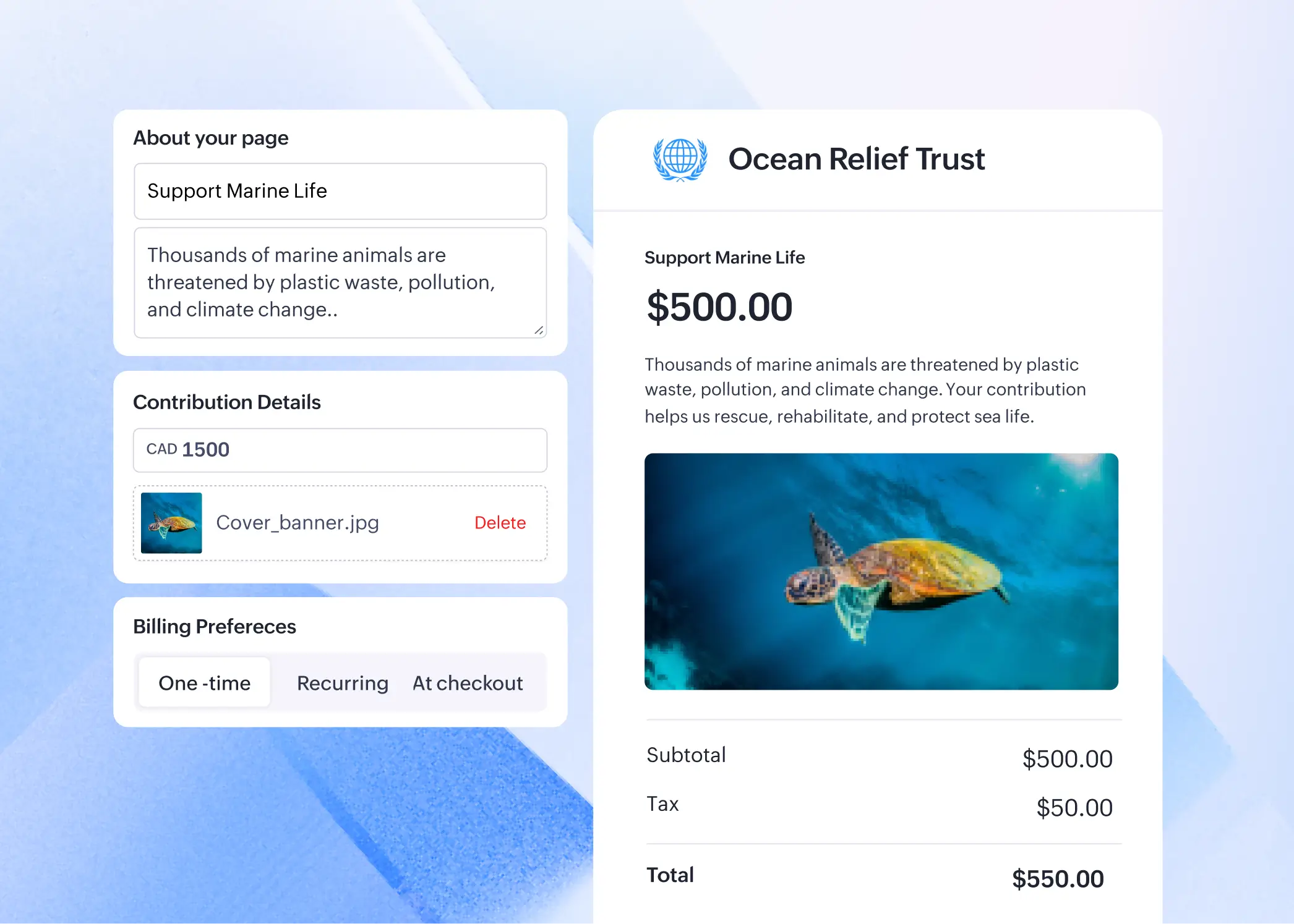 Checkout page builder showing page setup form and Ocean Relief Trust payment preview