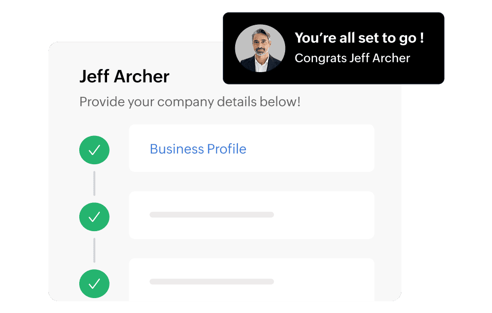 Zoho card onboarding interface showing provide company details form with fields for business information