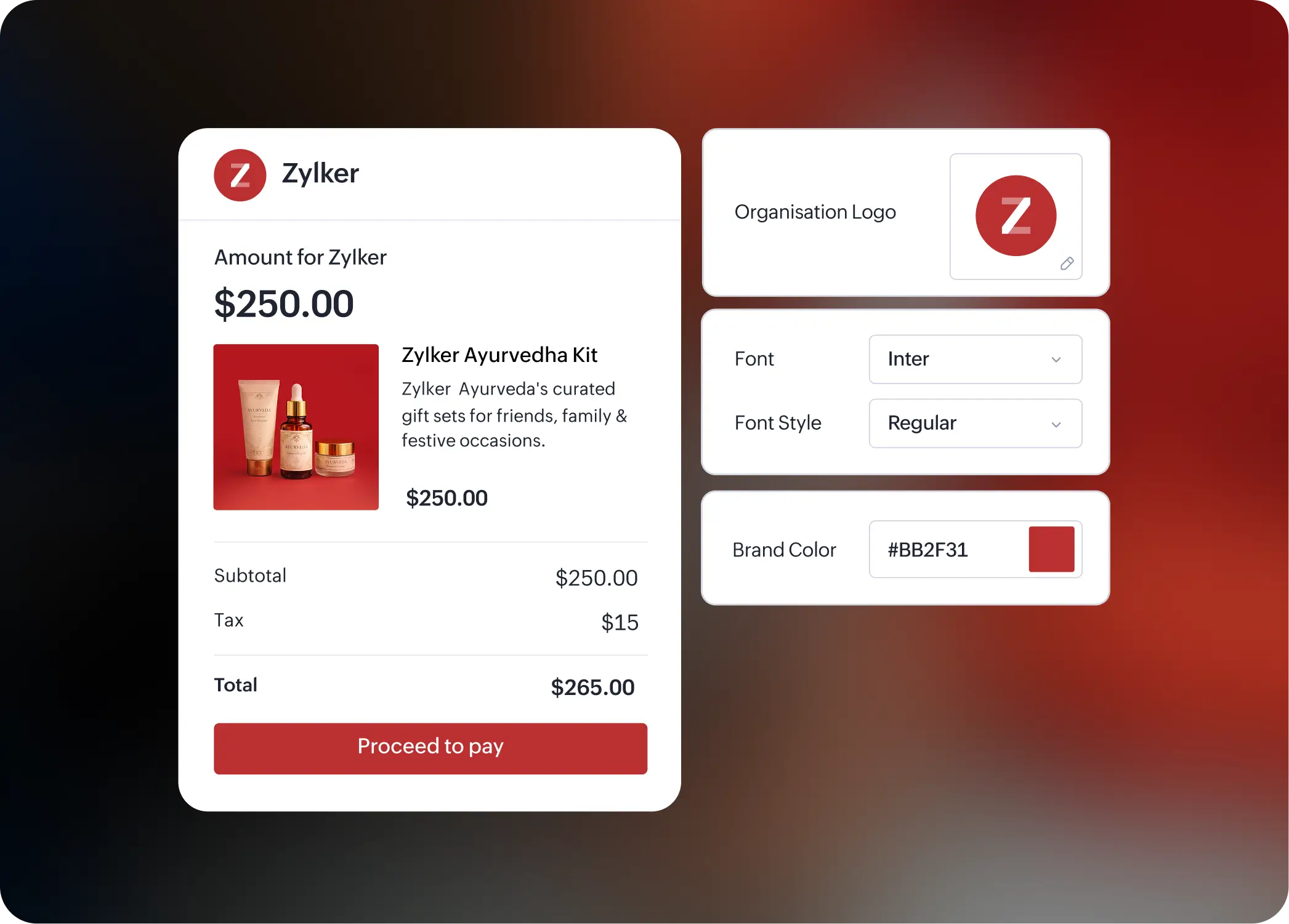 Zyker Foundation branded checkout page with customization options for fonts and colors
