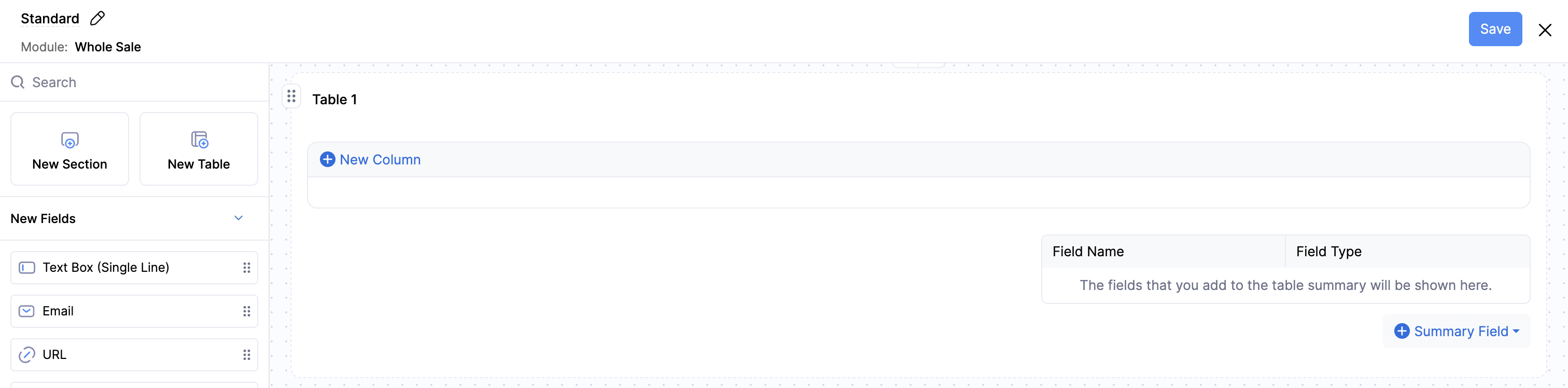 The form builder page. Drag and drop New Table on the left side of the page into the preferred position in the form.