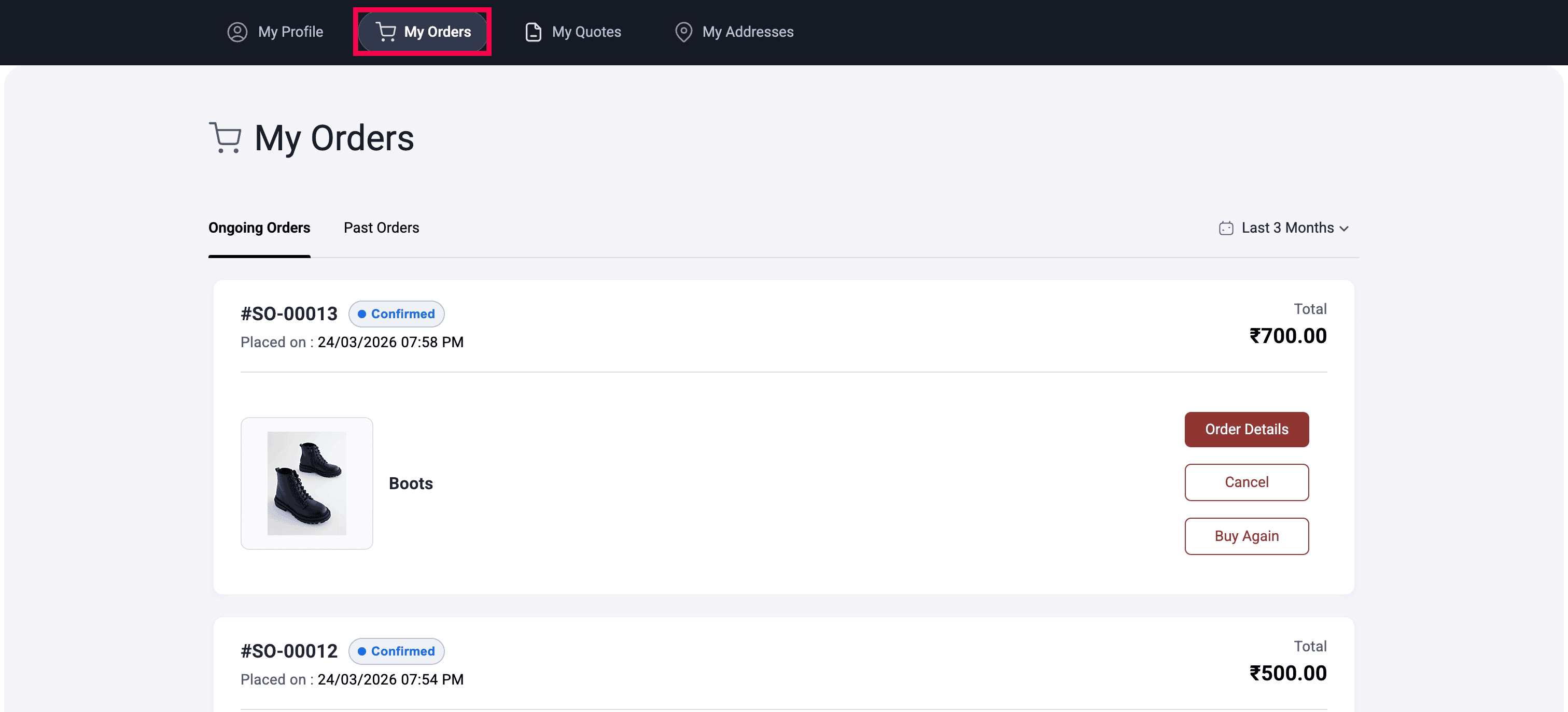 Customer portal access from profile dropdown