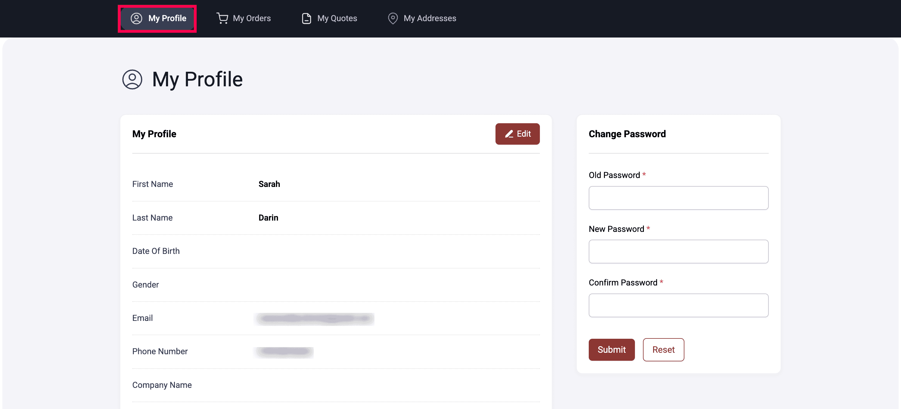 Customer portal access from profile dropdown