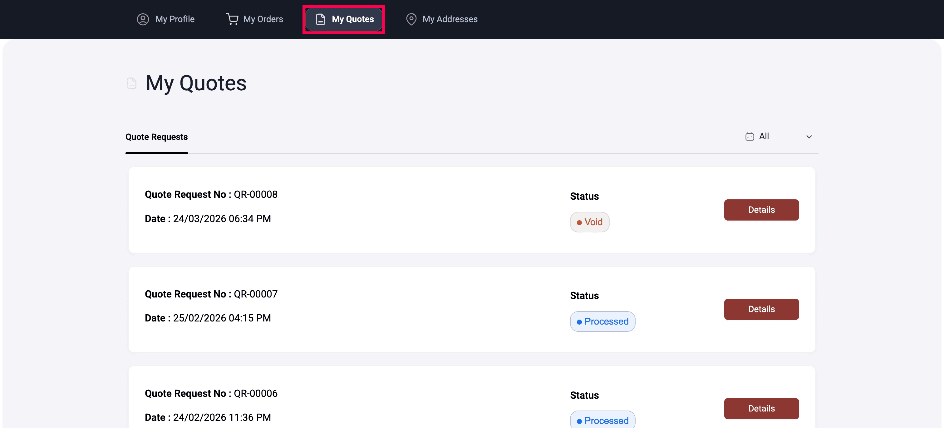 Customer portal access from profile dropdown