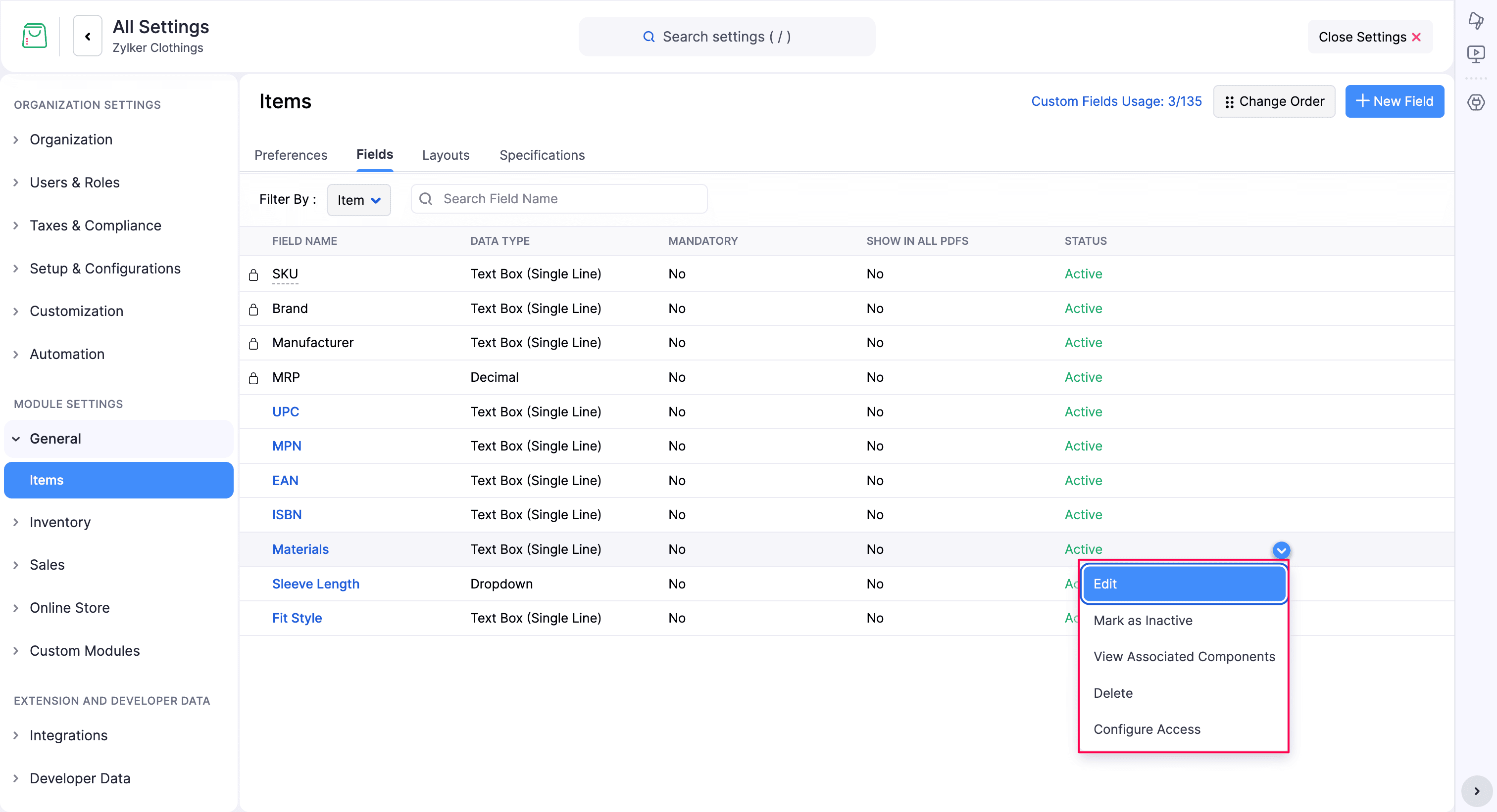Custom Field Options