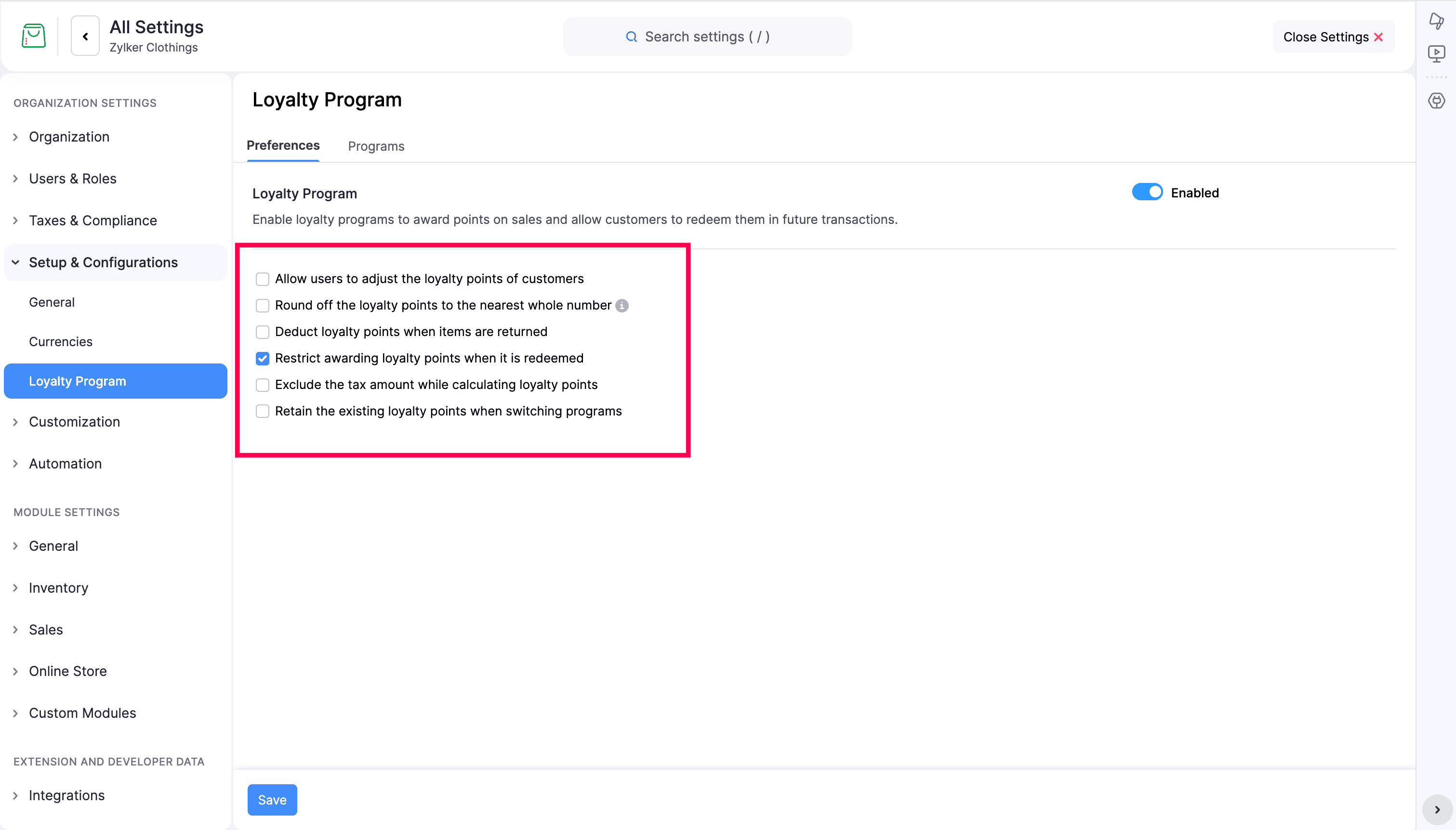 Loyalty Program Preferences tab