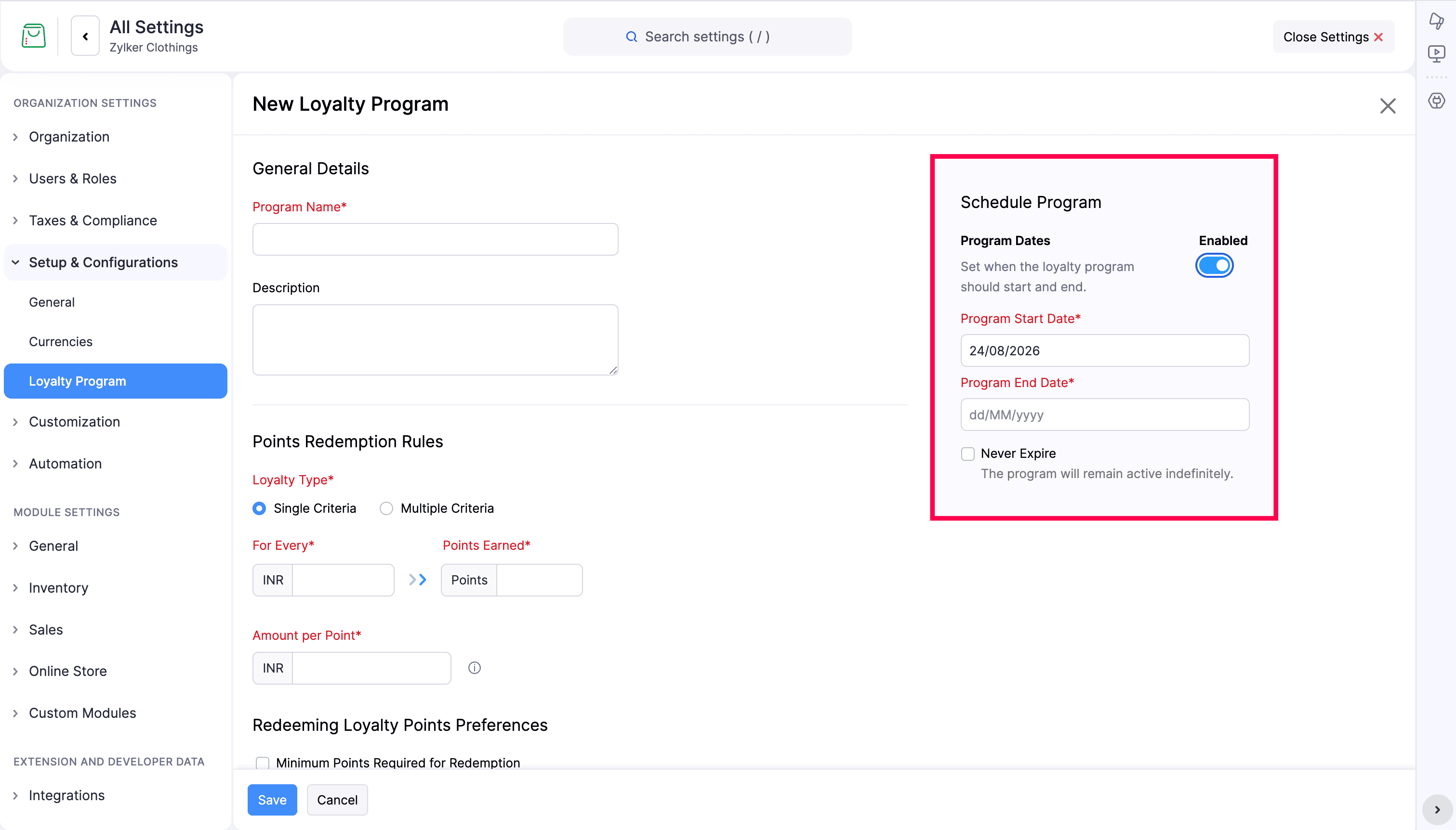 Schedule Program tab