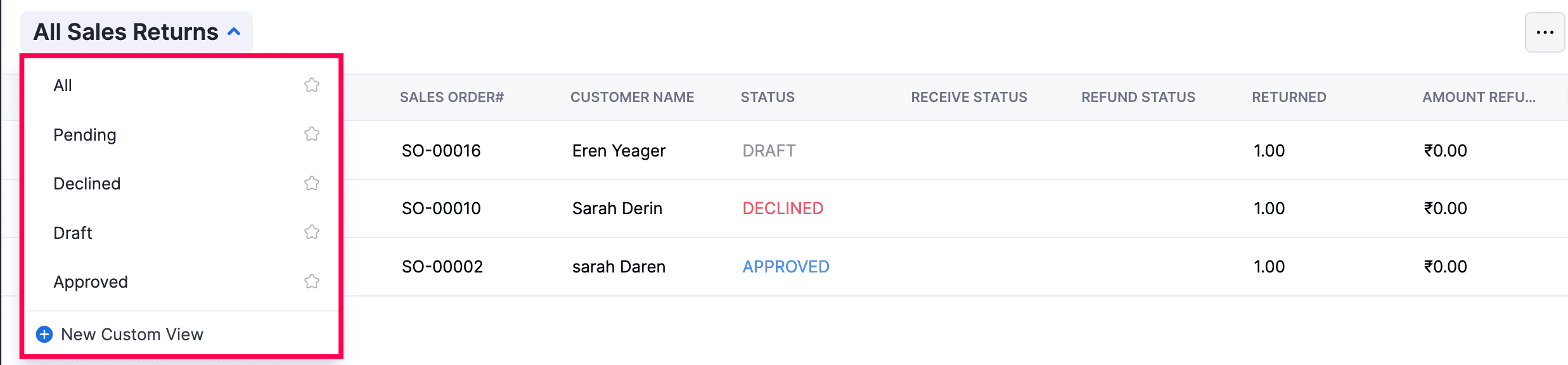 Sales Returns filter dropdown showing status filters